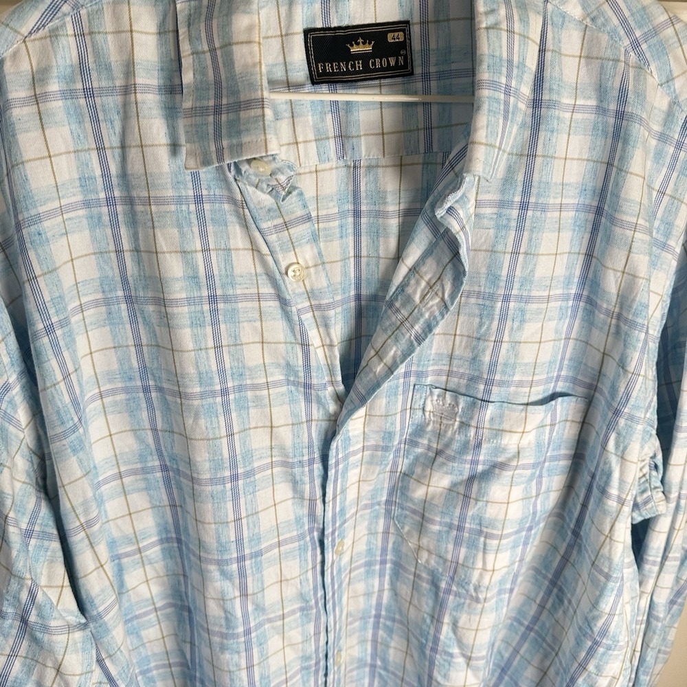 French Crown Mens Plaid Button‎ Down Shirt Soft Blue Size 44 Preppy Casual Fit